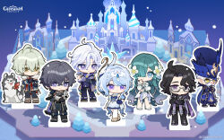 2girls 5boys ahoge alyosha_(genshin_impact) arms_up bare_legs bare_shoulders black_hair blue_eyes blue_hair blue_hat boots cardboard_cutout castle chibi chibi_only closed_mouth coat commentary crossed_arms detached_sleeves dog dress earmuffs english_commentary facial_hair flower fur_trim genshin_impact glasses gloves green_hair hair_between_eyes hair_flower hair_ornament hair_over_one_eye hand_on_own_hip hat highres jewelry large_hat logo long_hair long_nose long_pointy_ears long_sleeves mitya_(genshin_impact) multiple_boys multiple_girls mustache odette_(genshin_impact) official_art pale_skin pantalone_(genshin_impact) pants pointy_ears pulcinella_(genshin_impact) purple_hair short_hair snowing tugarin_(genshin_impact) valeriy_(genshin_impact) violet_eyes vodyanitsa_(genshin_impact) white_dress white_hair yellow_eyes 