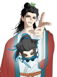  2boys absurdres all_wishes_come_true! animal_ears black_eyes black_hair blue_hanfu blue_trim brown_eyes cat_boy cat_ears chibi chibi_inset chinese_clothes chinese_commentary coat commentary_request facial_hair finger_gun hair_bun hair_ornament half_updo hand_up hanfu high_ponytail highres holding holding_sheath holding_sword holding_weapon hongqi55 jian_(weapon) kemonomimi_mode leaf_hair_ornament long_hair long_sleeves looking_at_viewer lv_dongbin_(all_wishes_come_true!) male_focus multiple_boys mustache_stubble open_clothes open_coat orange_sash parted_lips pointing pointing_at_viewer ponytail projected_inset red_coat robe sash sheath sidelocks simple_background single_hair_bun smile stubble sword topknot unsheathed upper_body weapon white_background white_hanfu zhongli_quan_(all_wishes_come_true!) 