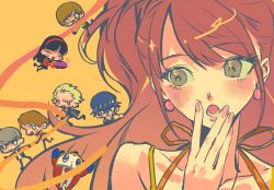  3boys 4girls :3 amagi_yukiko bare_shoulders black_hair black_jacket blonde_hair blue_hair blush brown_hair cameo chibi chibi_inset closed_eyes collarbone commentary creature earrings floating_hair grey_hair hair_between_eyes hairband hanamura_yousuke hand_on_own_chin hands_on_own_face hat head_tilt highres jacket jewelry kujikawa_rise kuma_(persona_4) lips lipstick long_hair looking_to_the_side makeup mangguo_jingling multiple_boys multiple_girls nail_polish narukami_yu newsboy_cap open_mouth parted_bangs parted_lips persona persona_4 red_hairband red_jacket ribbon running satonaka_chie shirogane_naoto sidelocks sleeveless smile solo_focus strap string surprised swimsuit tatsumi_kanji upper_body 