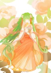  1girl chinese_clothes chuushuu_meigetsu_miku closed_eyes closed_mouth colored_eyelashes commentary_request facing_viewer floral_background flower flower_request full_body green_hair hagoromo hair_flower hair_ornament hand_fan hanfu hatsune_miku highres holding holding_fan jiaoling_ruqun long_hair long_sleeves miqing official_alternate_costume official_alternate_hairstyle on_flower shawl sitting solo tassel tassel_hair_ornament tuanshan twintails very_long_hair vocaloid wide_sleeves 