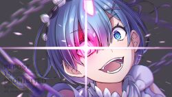  1girl blue_eyes blue_hair chain commentary_request dark_background demon_girl evil_smile fangs glowing glowing_eyes hair_between_eyes hair_ornament hair_over_one_eye hair_ribbon looking_at_viewer maid maid_headdress open_mouth pink_eyes re:zero_kara_hajimeru_isekai_seikatsu rem_(re:zero) ribbon roswaal_mansion_maid_uniform s_(hdru2332) smile solo upper_body watermark x_hair_ornament 