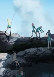  6+girls absurdres brown_hair cliff fishing fishing_rod green_hair guratanchikin hair_bun heaven_burns_red highres holding holding_fishing_rod long_hair multiple_girls ooshima_ichiko ooshima_isuzu ooshima_minori ooshima_muua ooshima_niina ooshima_yotsuha pond rock scenery siblings sisters 