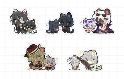  5boys 5girls albina_(project_moon) araya_(project_moon) azhong_123 bear bow callisto_(project_moon) cape cat eyewear_on_head food fruit furrification furry hat highres holding holding_sword holding_weapon ice_cream kira_(project_moon) limbus_company lucio_(project_moon) matthias_(project_moon) multiple_boys multiple_girls popcorn project_moon purple_bow red_hat ren_(project_moon) rien_(project_moon) simple_background sora_(project_moon) sword valencina_(project_moon) watermelon watermelon_slice weapon white_background white_cape white_hat 