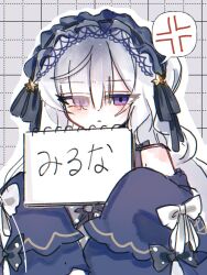  1girl anger_vein bare_shoulders black_ribbon blue_dress blue_hairband bow closed_mouth commentary_request dress dress_bow frilled_dress frilled_hairband frilled_sleeves frills gothic_lolita grid_background hair_over_one_eye hair_ribbon hairband highres holding holding_sketchbook layered_sleeves lolita_fashion lolita_hairband long_hair long_sleeves looking_at_viewer mahou_shoujo_no_majo_saiban natsume_an-an off-shoulder_dress off_shoulder polka_dot polka_dot_bow ribbon see-through_hair sketchbook sleeve_bow sleeves_past_fingers sleeves_past_wrists solo spoken_anger_vein upper_body violet_eyes white_background white_hair wide_sleeves yugi_p 