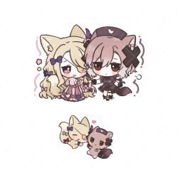  2girls animal_ears animalization blonde_hair bow commentary_request cross_ornament dress dxqkkkk eyepatch frills gloves hair_bow hair_ornament hat highres long_hair magical_girl mahou_shoujo_ikusei_keikaku mahou_shoujo_ikusei_keikaku_restart multiple_girls nurse_cap open_mouth pfle purple_bow shadowgale short_hair simple_background smile tail white_background 