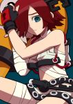  1girl a.b.a aka_(s3637) bandaged_arm bandages bare_shoulders black_gloves blue_background blue_eyes empty_eyes fingerless_gloves frown gloves guilty_gear guilty_gear_xx hair_over_one_eye key keyhole paracelsus red_eyes redhead ringed_eyes short_hair simple_background solo 