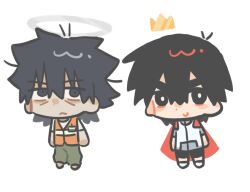  2boys black_eyes black_hair black_shorts bright_pupils cape chibi chibi_only chinese_commentary commentary_request crown false_memory gold_crown green_pants grey_shirt guan_chao_(false_memory) halo high-visibility_clothing high-visibility_vest high_collar laoshihao_wojiaoshuihu male_focus mini_crown multiple_boys pants protagonist_halo red_cape sandals shirt shoes short_sleeves shorts simple_background slides sneakers sweat tail tear_troughs vest white_background white_pupils white_shirt white_shoes 