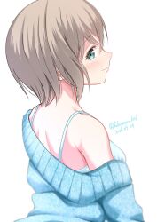  1girl aoba_moca bang_dream! bang_dream!_girls_band_party! blue_cardigan blue_eyes blush breasts camisole cardigan closed_mouth commentary dated fukumaru1021 grey_hair highres medium_breasts off_shoulder simple_background solo spaghetti_strap upper_body white_background white_camisole 