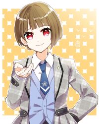  1girl birdcage_(love_live!) blue_necktie blue_vest blunt_bangs bob_cut border brown_hair collared_shirt commentary grey_jacket highres inverted_bob jacket kachimachi_kosuzu kanduki_kamibukuro looking_at_viewer love_live! love_live!_hasu_no_sora_jogakuin_school_idol_club necktie offering_hand open_clothes open_jacket outside_border plaid_clothes plaid_jacket red_eyes shirt short_hair short_necktie solo upper_body vest virtual_youtuber white_border white_shirt yellow_background 