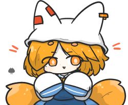  1girl animal_ears animal_hat blonde_hair blue_dress commentary_request dress fake_animal_ears fox_tail hat highres long_sleeves multiple_tails notice_lines orange_eyes sea_urchin shirt short_eyebrows simple_background sleeves_past_fingers sleeves_past_wrists solo tail thick_eyebrows touhou two_tails uni_souchou white_background white_hat white_shirt yakumo_ran 