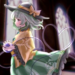  1girl absurdres black_hat bow buttons cococo_art collared_shirt commentary_request diamond_button disembodied_linked_eye eyeball floral_print frilled_shirt_collar frilled_skirt frilled_sleeves frills from_side green_eyes green_hair green_skirt hat hat_bow heart heart_of_string highres komeiji_koishi long_sleeves making-of_available print_skirt rose_print shirt skirt solo touhou wide_sleeves yellow_bow yellow_shirt 