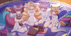 4girls ahoge animal_ear_fluff animal_ears animal_nose aqua_hairband arm_support arm_tattoo bare_arms bare_shoulders barefoot black_bow black_choker black_eyes black_hair black_ribbon black_shorts blonde_hair blue_eyes blush bow bowtie box braid braided_hair_rings brown_eyes brown_fur cat-shaped_pillow cat_pillow checkerboard_cookie cheese chinese_commentary choker clenched_hand closed_eyes collarbone commentary cookie day dolphin_shorts dot_mouth dot_nose double-parted_bangs dress dress_shirt ears_down food food-themed_pillow fox_ears fox_tail frilled_dress frilled_pillow frills from_above full_body hair_between_eyes hair_intakes hair_ornament hair_rings hairband hairclip halterneck hands_on_own_face heart heart-shaped_food heart-shaped_pillow heart_pillow highres holding holding_knife holding_stuffed_toy hug index_finger_raised indoors kneeling knife light_blush looking_at_food looking_at_object looking_at_viewer mao_ye_xiang_che multiple_tails no_shoes notched_ear off_shoulder open_mouth orange_eyes orange_hair orange_tail original pantyhose picnic_blanket pillow pink_eyes plaid plaid_pillow pointing purple_eyes purple_tail red_bow ribbon rug shirt short_hair short_sleeves shorts sidelocks single_off_shoulder sitting smile solid_circle_eyes sparkle star-shaped_pillow star_(symbol) star_pillow stitched_face streaked_hair stuffed_animal stuffed_fox stuffed_toy sunlight swirl tail tail_ornament tattoo thick_eyebrows triangle_hair_ornament twintails two-tone_hair v-shaped_eyebrows white_hair white_pantyhose white_pupils white_shirt white_short white_streaks white_tail wide_image wooden_floor yellow_tail