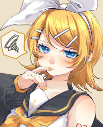  1girl absurdres annoyed black_sailor_collar black_sleeves blonde_hair blue_eyes bow breasts commentary_request detached_sleeves finger_to_mouth hair_bow hair_ornament hairclip highres kagamine_rin looking_at_viewer mai_mugi neckerchief number_tattoo parallel_hairclips portrait sailor_collar shirt short_hair simple_background sleeveless sleeveless_shirt small_breasts spoken_squiggle squiggle tattoo treble_clef vocaloid white_bow white_shirt yellow_nails yellow_neckerchief yellow_trim 