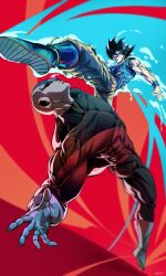  2boys 5002_bus absurdres alien bald black_bodysuit black_hair blue_shirt bodysuit boots closed_mouth dodging dragon_ball dragon_ball_super duel gloves highres jiren kicking multicolored_bodysuit multiple_boys muscular muscular_male orange_pants pants pride_trooper_uniform red_bodysuit saiyan shirt son_goku spiky_hair torn_clothes torn_pants white_boots 