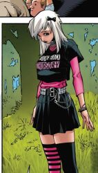  black_bow black_cat_(marvel) black_lipstick black_nails chain_belt chains collar collared_shirt comic graphic_shirt grass green_background grey_eyes high-waist_skirt layered_shirt long_sleeves marvel non-web_source nose_piercing official_art painted_nails pink_shirt scan scene_fashion side_part studded_belt thighhighs tree western_comics_(style) white_hair 