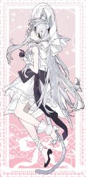  1girl absurdres animal_ear_fluff animal_ears arknights black_gloves black_ribbon black_shoes blue_eyes bonnet buqiyong cat_ears cat_girl cat_tail chinese_commentary commentary_request dress dress_ribbon frilled_dress frills from_side full_body gloves grey_hair high_heels highres long_hair looking_at_viewer looking_back official_alternate_costume pink_background ribbon rosmontis_(arknights) shoes socks solo tail white_bonnet white_dress white_socks 