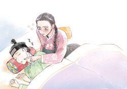  2girls black_hair braid brown_eyes character_request check_gender cheek_poking closed_eyes closed_mouth commentary_request copyright_request gender_request green_hanbok hair_bun hanbok head_on_pillow korean_clothes korean_commentary let_ink multiple_girls pale_skin pillow pink_hanbok poking short_hair single_braid single_hair_bun sleeping under_covers 