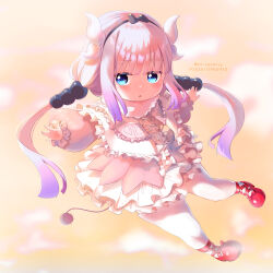  1girl beads blue_eyes blunt_bangs capelet dragon_girl dragon_horns frilled_capelet frills full_body gradient_hair hair_beads hair_ornament hairband highres horns kanna_kamui kobayashi-san_chi_no_maidragon long_hair long_sleeves low_twintails mr.canaryy multicolored_hair purple_hair red_shoes shoes skirt solo sphere_hair_ornament tail thigh-highs twintails white_thighhighs 