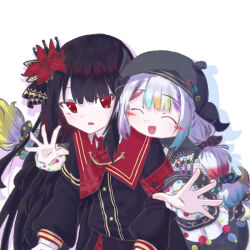  2girls :d ^_^ armband beret black_capelet black_hair black_hat black_jacket black_shirt black_skirt blush_stickers bow capelet closed_eyes collared_shirt colored_tips commentary_request crown dot_nose flower gloves hair_bow hair_flower hair_ornament hat jacket jacket_partially_removed jogasaki_noah long_hair long_sleeves mahou_shoujo_no_majo_saiban mini_crown multi-tied_hair multicolored_hair multiple_girls necktie nikaido_hiro off_shoulder open_mouth polka_dot polka_dot_bow polka_dot_skirt red_armband red_eyes red_flower red_necktie ribbon scotty_two shirt side_capelet simple_background skirt smile streaked_hair white_background white_gloves white_hair white_shirt yuri 