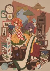  2girls :o absurdres apron ball black_cat book book_stack boots broken_mirror brown_boots cat clock closed_mouth commentary_request flower_hairclip green_shirt green_skirt hieda_no_akyuu highres holding holding_book holding_scroll japanese_clothes kenzuishi_jingu kimono looking_at_viewer medium_hair mirror motoori_kosuzu multiple_girls orange_eyes orange_hair plaid_clothes plaid_shirt purple_hair red_skirt sandals scroll shirt skirt smile socks television touhou two_side_up wall_clock white_socks yellow_apron 