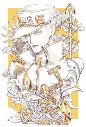  1boy arrow_(jojo) brooch chain closed_mouth coat colored_skin commentary crescent diamond_wa_kudakenai earrings english_text gold_chain hat heart highres house jewelry jojo_no_kimyou_na_bouken kujo_jotaro limited_palette looking_at_viewer male_focus partially_colored peace_symbol plant popped_collar shirt solo star_(symbol) statue stone_mask stud_earrings untranslatable_commentary upper_body white_coat white_eyes white_hat white_shirt white_skin yellow_background zhhy3324 