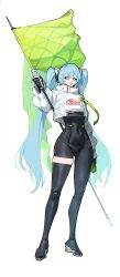  1girl absurdres aqua_eyes aqua_hair asymmetrical_bodysuit black_bodysuit bodysuit boots covered_navel cropped_jacket flag flagpole flame_print full_body gloves goodsmile_company goodsmile_racing green_flag green_gloves hatsune_miku highres holding holding_flag holding_pole jin_rou long_hair multicolored_gloves pole racequeen racing_miku racing_miku_(2022) single_leg_bodysuit single_thigh_boot smiley_face solo thigh_boots twintails two-tone_gloves very_long_hair vocaloid white_background 