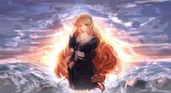  1girl absurdres baichu_(83216) black_shirt black_skirt bow brown_hairband character_doll clouds cowboy_shot doll e.g.o_(project_moon) hairband highres ishmael_(project_moon) limbus_company long_hair looking_at_viewer neckerchief ocean octopus orange_hair pleated_skirt project_moon rock rope sailor_collar shirt skirt snagharpoon_(e.g.o) solo sunset very_long_hair white_bow white_neckerchief white_sailor_collar 