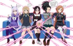  angry asuna_(sao) boku_no_hero_academia couch crossover explosion highres horse_girl k-on! kaguya-sama_wa_kokurasetai_~tensai-tachi_no_renai_zunousen~ kotobuki_tsumugi mejiro_mcqueen_(umamusume) potion school_uniform shinomiya_kaguya sitting sword_art_online tea throwing transformation umamusume vodka13 worried yaoyorozu_momo 