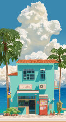  absurdres air_conditioner blue_sky clouds cloudy_sky commentary highres house ocean original palm_tree plant potted_plant scenery sky taffy_(coffee_taffy) tile_roof tree vending_machine window 