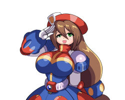  1girl absurdres breasts brown_hair dress green_eyes hat hayebsi highres iris_(mega_man) large_breasts long_hair looking_at_viewer low-tied_long_hair mega_man_(series) mega_man_x_(series) multicolored_dress open_mouth red_hat salute simple_background smile solo upper_body white_background 