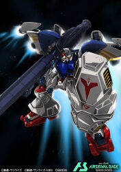  bazooka_(gundam) commentary_request copyright_logo copyright_name copyright_notice green_eyes gun gundam gundam_0083 gundam_arsenal_base gundam_gp-02_physalis holding holding_gun holding_shield holding_weapon logo mecha mecha_focus mobile_suit monmon_(monban) no_humans official_art robot science_fiction shield solo space thrusters v-fin weapon 
