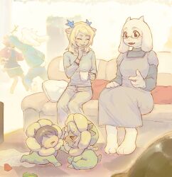  >_< aged_down amamoma animal_ears baby blonde_hair blue_horns body_fur buck_teeth carol_holiday character_request commentary couch dark-skinned_female dark_skin deer_ears deer_girl deltarune dress english_commentary fewer_digits flower_costume furry furry_female glasses goat_girl highres horns kris_(deltarune) living_room long_dress mature_female medium_hair mother_and_child mother_and_daughter multiple_girls noelle_holiday onesie pac-man_eyes parent_and_child ralsei semi-rimless_eyewear sitting slice_of_life teeth toriel under-rim_eyewear utdr_(toby_fox) white_fur 