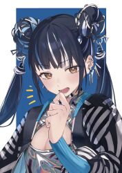  1girl black_hair black_jacket blue_hair choker cleavage_cutout clothing_cutout crop_top cropped_jacket cropped_shirt double_bun earclip earrings grey_choker grey_hair grey_shirt hair_bun hair_extensions harusaruhi jacket jewelry kamitsubaki_studio large_earrings long_hair long_sleeves looking_at_viewer mandarin_collar midriff multicolored_hair multicolored_jacket multiple_earrings naturally_detached_hair official_alternate_costume open_clothes open_jacket open_mouth orange_eyes orange_hair overskirt pencil_skirt piercing print_jacket shirt sidelocks skirt striped_clothes striped_jacket takotousagi upper_body yellow_eyes zipper 