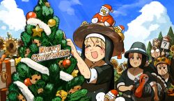 4girls :d absurdres baby_animal bird black_hat blonde_hair box brown_eyes brown_hair brown_hat calendar_(object) chicken chocolate_chip_cookie christmas_tree closed_eyes clouds cloudy_sky clumsy_nun_(diva) cookie diva_(hyxpk) duck duckling english_commentary flower food fork froggy_nun_(diva) gift gift_box glasses glasses_nun_(diva) hat hedgehog highres holding holding_fork hungry_nun_(diva) jack-o'-lantern little_nuns_(diva) mini_hat mini_santa_hat multiple_girls nun opaque_glasses outdoors pumpkin pumpkin_hat round_eyewear santa_hat sky smile sunflower sweat traditional_nun tree triangle_mouth turkey_(bird) 
