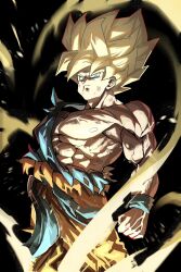  1boy abs aura battle_damage blonde_hair commentary_request damaged dragon_ball dragon_ball_z highres male_focus muscular muscular_male orange_pants pants saiyan scratches solo son_goku spiky_hair super_saiyan super_saiyan_1 torn_clothes tty114514191981 