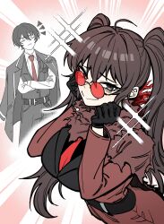  1boy 1girl absurdres ahoge annoyed belt black_belt black_coat black_gloves breasts brown_hair closed_mouth coat collared_shirt commentary_request crossed_arms e.g.o_(project_moon) fell_bullet_(e.g.o) genderswap genderswap_(mtf) gloves grey_eyes gubo_(project_moon) highres hyanghwa korean_commentary lapels limbus_company long_hair looking_at_viewer medium_breasts narrowed_eyes necktie notched_lapels project_moon red-tinted_eyewear red_coat red_necktie shirt smile sparkle squiggle sunglasses tinted_eyewear twintails very_long_hair white_shirt yi_sang_(project_moon) 