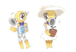  arm_behind_back boots commentary dress english_commentary f.l.u.d.d. flower_pot flying_sweatdrops full_body hat holding holding_flower_pot musical_note pigeon-toed plant potted_plant simple_background standing sun_hat super_mario_bros. super_mario_sunshine vergolophus waving white_background white_dress white_hat yellow_boots 