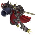  3d arm_cannon armor black_armor black_cape cel_shading digimoji digimon digimon_story:_cyber_sleuth game_model horns monster no_humans official_art omegamon_zwart red_eyes reflection sword translated weapon 