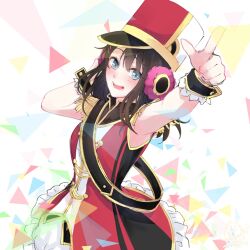  1girl bang_dream! bang_dream!_girls_band_party! black_hair blue_eyes commentary_request cowboy_shot dress finger_gun frilled_dress frills hat highres long_hair okusawa_misaki red_dress red_hat shako_cap sleeveless sleeveless_dress solo succhii_(pikaru) 