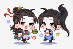  2boys :d ahoge all_wishes_come_true! black_boots black_hair black_pants black_sash blue_hanfu blue_trim boots bright_pupils brown_eyes character_doll chibi chibi_only chinese_clothes closed_mouth coat commentary doll explosive facial_hair full_body hair_bun hair_ornament hair_ribbon half_updo hand_fan hanfu high_ponytail highres holding holding_doll holding_fan leaf_belt leaf_fan leaf_hair_ornament leaf_ornament long_hair long_sleeves looking_at_viewer lv_dongbin_(all_wishes_come_true!) male_focus multiple_boys multiple_views mustache_stubble open_clothes open_coat open_mouth pants ponytail red_coat red_ribbon red_sash ribbon robe sandals sash shishileo sidelocks simple_background single_hair_bun smile sparkle standing standing_on_one_leg star_(symbol) stubble twitter_username untranslatable_commentary white_background white_hanfu wide_sleeves zhongli_quan_(all_wishes_come_true!) 