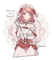  1girl artist_name bouquet bridal_gauntlets bridal_veil bride collared_halterneck commentary_request cropped_legs dress fan_request fire_emblem fire_emblem_engage fire_emblem_heroes flower gold_choker gold_trim haconeri hairband hands_up holding holding_bouquet lapis_(fire_emblem) lapis_(mighty_bride)_(fire_emblem) medium_hair official_alternate_costume pink_hair red_flower red_rose rose simple_background solo thank_you veil wedding_dress white_background white_bridal_gauntlets white_hairband 