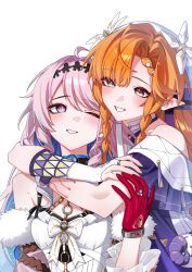  2girls ahoge bare_shoulders blue_eyes blue_hair blush body_markings braid braided_sidelocks breasts bridal_gauntlets colored_inner_hair commentary denia_(wuthering_waves) dress gloves green_eyes hair_ornament highres jacket long_hair medium_breasts multi-tied_hair multicolored_hair multicolored_jacket multiple_braids multiple_girls murasaki_no_hoshikuzu open_mouth orange_hair pink_hair pointy_ears purple_jacket red_glove red_gloves sidelocks sigrika_(wuthering_waves) smile untranslatable_commentary veil white_background white_bridal_gauntlets white_dress white_jacket white_veil wuthering_waves yuri 