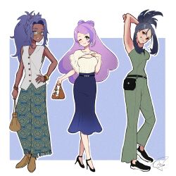 3girls absurdres ankle_strap arms_behind_head bag baggy_pants belt black_hair blue_background blue_skirt breasts commentary dark-skinned_female dark_skin dendra_(pokemon) earrings english_commentary eyelashes full_body glasses green_eyes green_pants grey_vest handbag high_heels highres holding holding_bag jewelry long_hair looking_at_viewer medium_skirt meru_merume603 miriam_(pokemon) multiple_girls one_eye_closed pants pokemon pokemon_scarlet_and_violet print_pants purple_hair raifort_(pokemon) red_eyes shirt shoes sidelocks signature simple_background skirt sleeveless small_breasts strapless strapless_shirt vest violet_eyes white_background white_shirt 