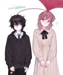  1boy 1girl ? annoyed black_hair black_hoodie black_necktie black_ribbon blue_eyes brown_hair chinese_commentary collared_shirt commentary_request cowboy_shot crossed_bangs degrees_of_lewdity double-parted_bangs drawstring dress dress_ribbon flower green_eyes grey_dress hair_between_eyes holding holding_flower hood hood_down hoodie kylar_(degrees_of_lewdity) kylar_(male)_(degrees_of_lewdity) light_frown long_sleeves looking_at_another necktie player_character_(degrees_of_lewdity) player_character_(female)_(degrees_of_lewdity) ribbon s_line_(kkomabi) shaded_face shirt short_hair simple_background white_background white_shirt yudzu27 