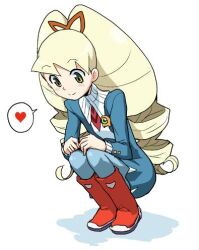  1girl bad_id blonde_hair blue_dress blue_pantyhose blush boots bow dress drill_hair green_eyes hair_bow heart heriyama long_hair lowres luna_platz_(mega_man) mega_man_(series) mega_man_star_force_(series) pantyhose red_boots simple_background smile spoken_heart squatting twin_drills very_long_hair white_background 