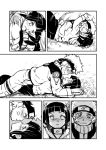  1boy 1girl 774_(nanashi) blush comic couple eye_contact forehead_protector greyscale hetero holding_hands hug hyuuga_hinata incipient_kiss looking_at_another lying monochrome naruto on_back rolling sweatdrop uzumaki_naruto 