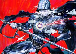  1boy absurdres armor belt belt_buckle bevor black_belt blue_armor blue_cape blue_eyes blue_gloves blue_lips breastplate buckle cape closed_mouth clouds colored_sclera colored_skin couter cowboy_shot cuisses dynamic_pose estoc_(weapon) expressionless four-leaf_clover_print from_side full_armor gloves hands_up highres holding holding_sword holding_weapon long_hair looking_at_object morion original pauldrons poleyn purple_sclera red_background rerebrace rexpo scabbard sheath shoulder_armor simple_background solo sparkle star_(symbol) star_print sun_symbol sword teardrop vambraces weapon white_gloves white_hair white_skin 