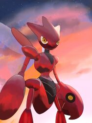  backlighting bug claws clouds cloudy_sky colored_skin commentary_request gradient_sky highres insect_wings looking_at_viewer metal_skin no_humans orange_sky outdoors pincers pokemon pokemon_(creature) pokemon_focus red_skin redamber334 scizor sky solo sunset wings yellow_eyes 