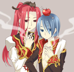  2boys animal_on_head apple apple_on_head arm_around_shoulder arrow_(projectile) arrow_through_apple black_coat black_hat black_shirt blue_eyes blue_hair brown_eyes cat cat_on_head chisaki_(apple_custard) cigarette closed_mouth coat commentary_request curtained_hair expressionless food food_on_head fruit fruit_on_head gold_trim grey_background hat high_ponytail high_priest_(ragnarok_online) holding holding_cigarette long_hair long_sleeves looking_at_viewer male_focus multicolored_shirt multiple_boys object_on_head on_head open_mouth pink_hair ponytail priest_(ragnarok_online) ragnarok_online red_shirt shirt simple_background smoke smoking upper_body white_shirt 