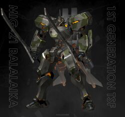  absurdres artist_name assault_visor black_background camouflage commentary dual_wielding english_commentary english_text full_body highres holding holding_sword holding_weapon kreuzer_00 large_variant_set lineart_zoom_layer mecha mecha_focus mig-21_balalaika_(muv-luv) multiple_swords muv-luv muv-luv_alternative no_humans radio_antenna robot schwarzesmarken science_fiction standing sword tactical_surface_fighter variant_set watermark weapon yellow_assault_visor 